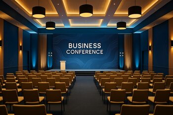 İşıqlandırılmış biznes konfrans zalı və səhnə dizaynı