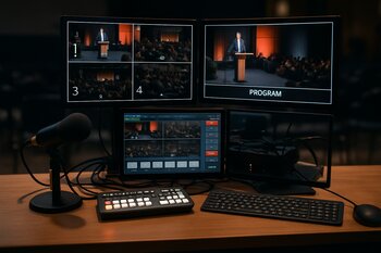 Canlı yayım üçün monitorlarla dolu streaming masa