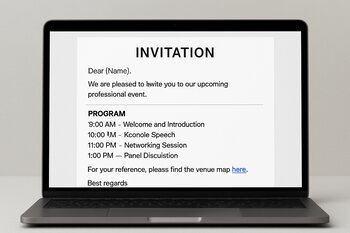 Noutbuk ekranında event dəvətnamə e-mail şablonu