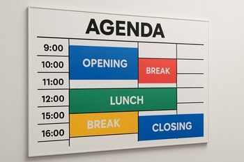 Divarda gün üzrə event proqramı yazılmış agenda lövhəsi