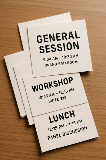 Masanın üzərində müxtəlif sessiyalar üçün çap olunmuş proqram kartları