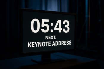 Səhnə arxası ekranda çıxış üçün taymer və növbəti blok görünür