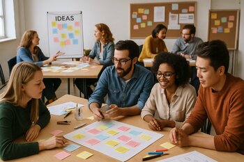 Workshop zamanı müxtəlif komanda masalarında işləyən iştirakçılar